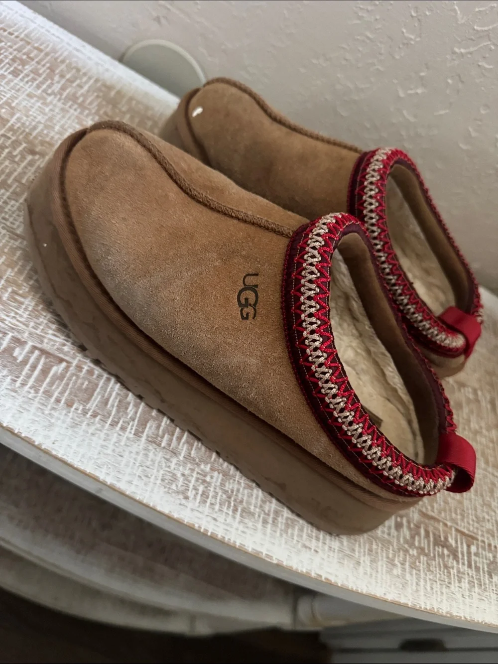 UGG Chestnut Suede Slip-On Clog with Red Trim